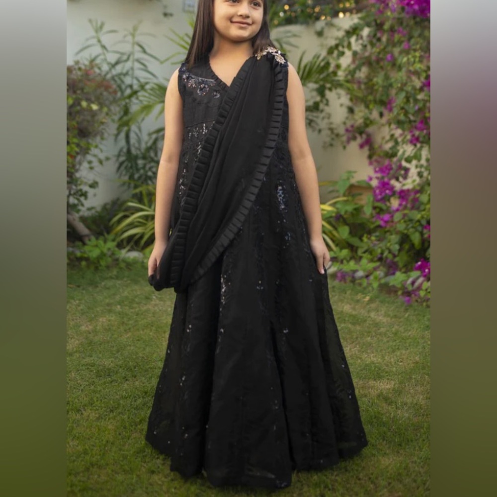Black Ayesha Somaya gown with draped dupatta. Size 7.